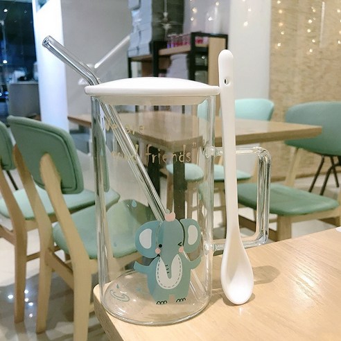 DFMEI 캐릭터 대용량 유리잔 뚜껑 스푼 남녀 아침 우유 시리얼 오피스 홈컵, DFMEI 아기 코끼리 "도자기 뚜껑+국자+빨대"