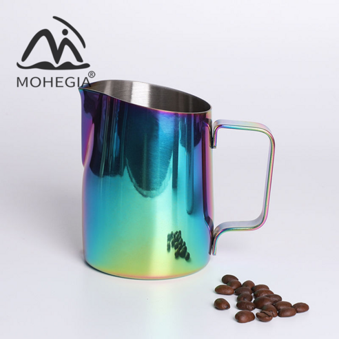 MOHEGIA 우유 항아리 드로잉 컵 스테인레스 스틸 커피 드로잉 항아리 경사 입 뾰족한 입 때리고 우유 거품 컵 양각 드로잉 항아리 450ML, 450ML 밝은 화려한