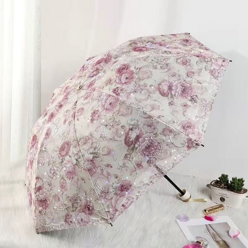 구미호 이중 자외선 UV50+차단 자수 꽃 레이스 휴대용 양산 우산겸용