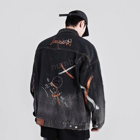 남성 자수 데님 재킷 화려한 페인팅 빅사이즈 찢어진 청자켓 트렌디