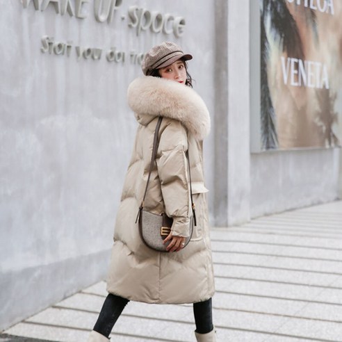 여성 비 양털 진짜 자켓 중간 길이 화이트 오리 한국어 스타일 느슨한 폭스 모피 두꺼운 겨울 의류 새로운