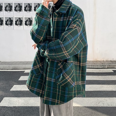SU 남성 모직 코트 레트로 느슨한 대형 중간 길이 재킷 겨울 두꺼운 한국 스타일 유행 느슨한 격자 무늬 코트