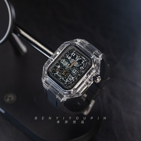 애플워치 메탈 케이스 일체형 스트랩 애차드밀 명품 케이스 럭셔리 밴드 줄질, 44mm(4 5 6 SE에 적합), 투명화이트+ 레드 스트랩+로즈 골드 나비버클