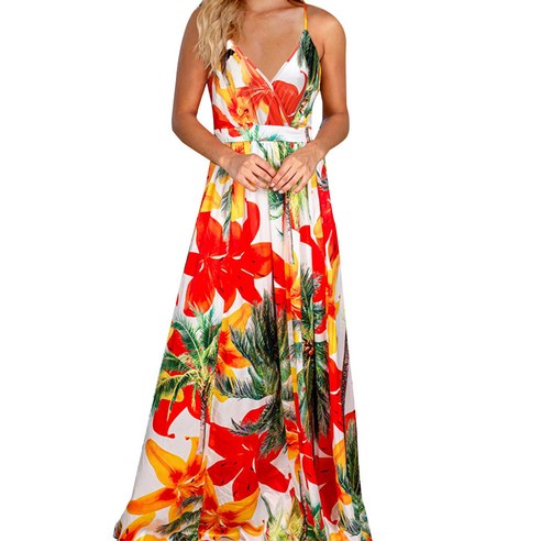 여자 여름 스파게티 스트랩 랩 V- 넥 Backless Maxi 드레스 보헤미안 열대 잎 꽃 인쇄 된 해변 휴가 슬링 선 드레스