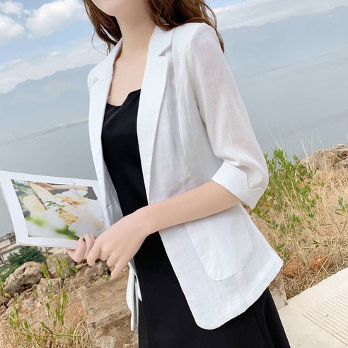 FANSYLI 봄여름 여성 얇은 린넨자켓 루즈핏 면마 통근자켓 빅사이즈 칠부소매 캐주얼자켓 X2405M01 FANSYLI 봄여름 여성 얇은 린넨자켓 루즈핏 면마 통근자켓 빅사이즈 칠부소매 캐주얼자켓 X2405M01