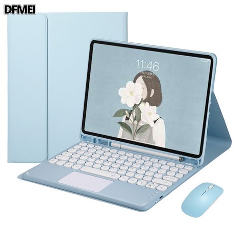 DFMEI 아이패드 에어4 블루투스 키보드 10.2인치 8세대 애플 2021 마그네틱 터치 키보드 가죽 커버 프로 커버 적용, 미스트블루[가죽커버+터치키보드]+마우스, 포아이패드 2019(10.2인치)