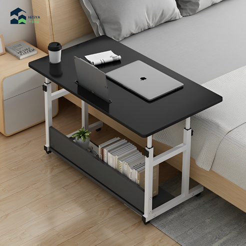 Unihome 바퀴달린 높이조절 이동식 사이드테이블 책상 + 컵홀더 + 교체용 바퀴 4pcs, 블랙