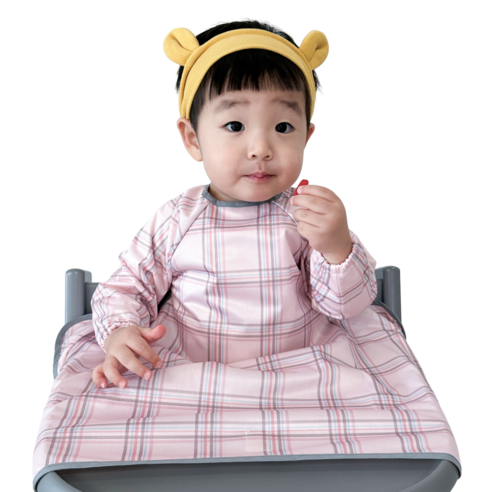 벨베이비 유아용 자기주도 긴팔 부분커버 이유식 턱받이, (리뉴얼)핑크 체크, 1개, 1개