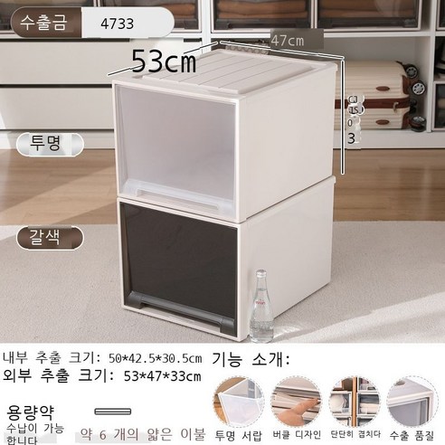 옷 수납함 플라스틱 서랍식 수납함 투명 데스크톱 거실 옷장 보관함 수납장 정리함, 투명한 모양, [4733] 깊이 53* 너비 47* 높이 33cm