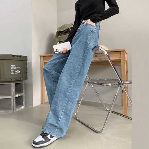 SURBORT 하이웨스트 와이드 데님 팬츠 여자 포켓 디자인 연신 봄 시즌 슬림 와이드 슬리퍼의 일자 팬츠입니다.
