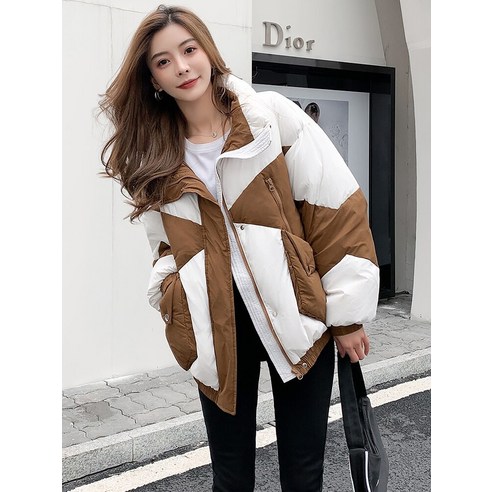 새로운 여성 겨울 한국 스타일 느슨한 작은 Spliced 따뜻한 두꺼운 흰색 오리 코트 아래로