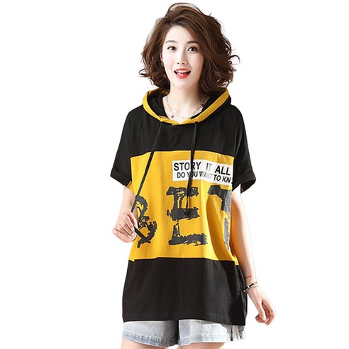 ROYALBELLE 여성 프린팅 후드 반팔 티셔츠 루즈핏 배색 캐주얼룩 하프기장 반팔티 상의 V32110