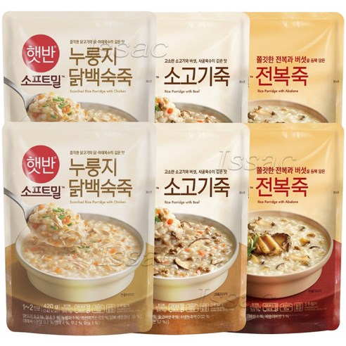 비비고 파우치 죽 450g (누룽지닭백숙죽2+전복죽2+소고기죽2), 1세트