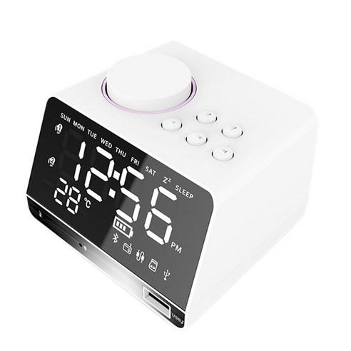 Deoxygene 무선 블루투스 스피커 다기능 미러 데스크 LED 디지털 알람 시계 휴대용 음악 FM 지원 AUX TF 카드 화이트, 하얀