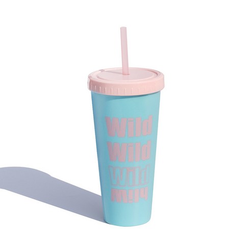Girlwill 빨대컵 대용량 물컵 망홍색 플라스틱 컵 아이디어 광고 컵 선물컵, 실연청, 640ml