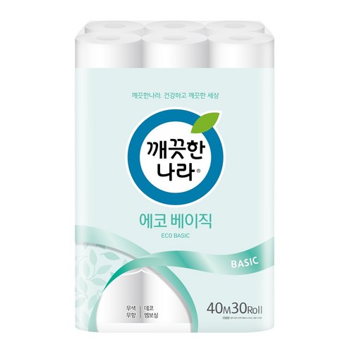 깨끗한나라 에코 베이직 화장지 40m, 1팩, 30롤