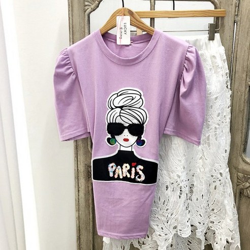 Paris 스팽글 퍼프소매 티셔츠