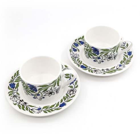 NyHavn 션사인 가든 세라믹 커피잔 2개 + 받침대, 블루 그린, 1개