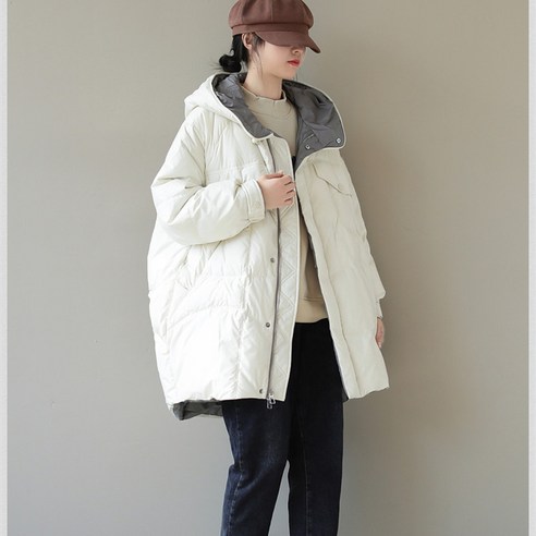 겨울 새로운 대형 느슨한 긴 소매 후드 두꺼운 따뜻한 빵 자켓 중간 길이 다운 재킷