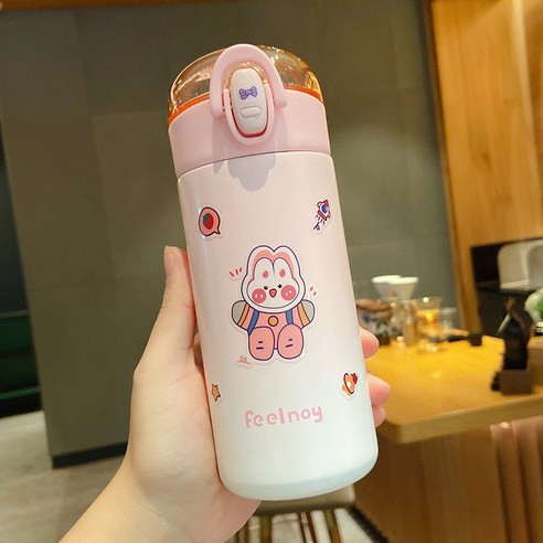귀여운 일본계 버클 보온컵 여성 고안치 304 스테인리스강 물컵 휴대용 심플한 ins컵, [핑크] + 랜덤 스티커, 340ml