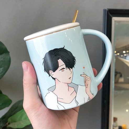 사랑스러운 만화 남녀 두상 커플 도자기 컵, 블루 컵 화이트 셔츠, 450ML