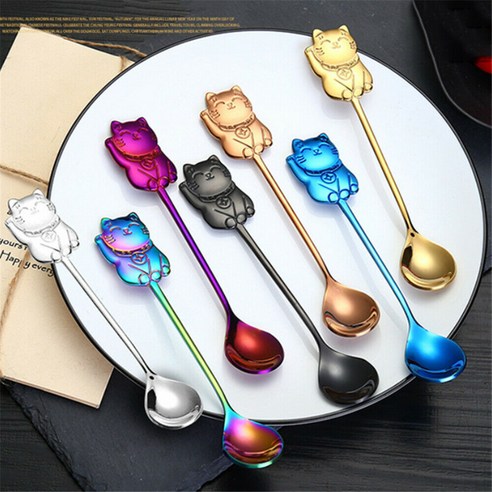 14Cm 스테인레스 스틸 럭키 고양이 스푼 플레이트 미니 스푼, 1Pc 로즈 골드, 보여진 바와 같이