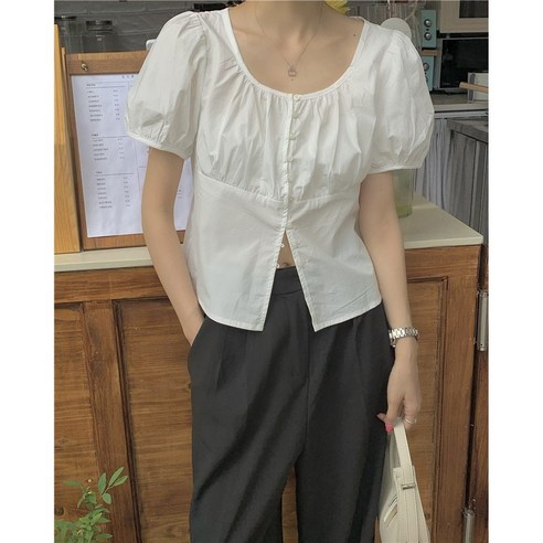 라운드 퍼프소매 반팔 여자 블라우스 여름 반팔 셔츠