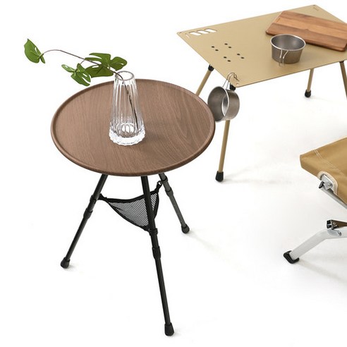 차박테이블  아리니나 캠핑 초 경량 원형 테이블오 높이조절 캠핑 보조 경량 사이드 폴딩 테이블 탁자 가방포함, 우드