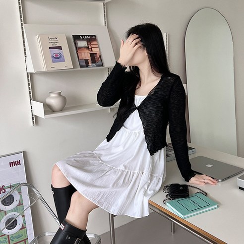 아르베츠 여리여리 물결 크롭 시스루 가디건