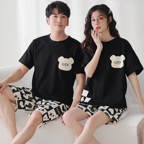 ANYOU 여름 잠옷 커플 순면 캐릭터 파자마 홈웨어 세트 흑 곰돌이 홈웨어 홈웨어 상하 세트 체크 반바지