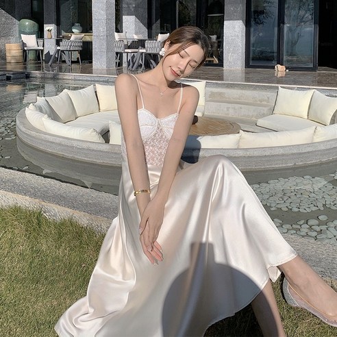 KORELAN 해변 바캉스 스커트 호박 원피스 궁중자수 레이스 패치 새틴 나시 롱스커트