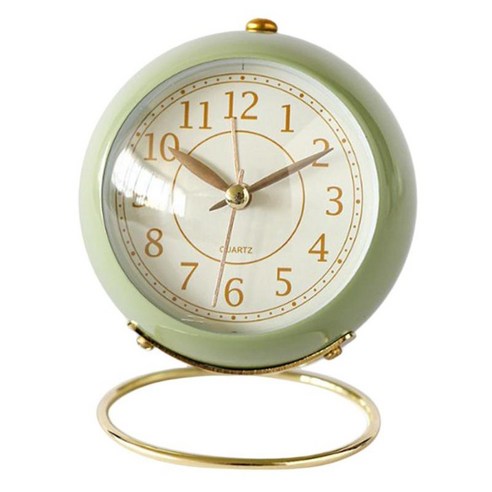둥근 조용한 아날로그 알람 시계 비 똑딱 야간 조명 침대 옆/책상 알람 시계, 녹색, 금속