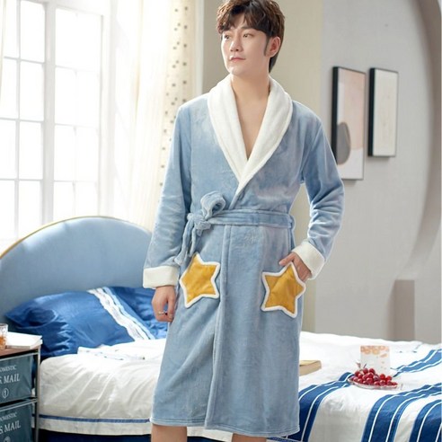 DFMEI-Y 가을 겨울 겨울 겨울 두꺼운 잠옷 플란넬 목욕 가운 가운 원피스 산호 양털 잠옷 남성, DFMEI 남성 가운 스타 라이트 블루, 170(L)