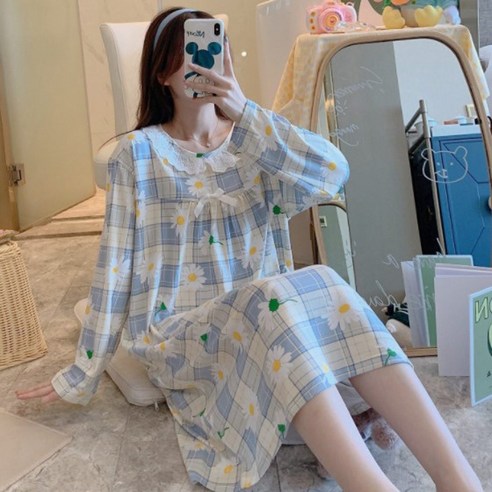 [또온나] 원피스 잠옷 여성 홈웨어 꽃잎 하트 프린팅과 리본 프릴 디테일의 귀여운 파스텔톤 공주풍 체크 파자마 CW프릴