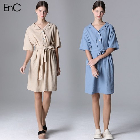 [이엔씨] [EnC] 린넨 투버튼 카라 벨티드 원피스