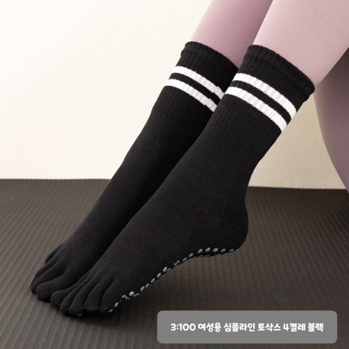 [3:100] 심플라인 필라테스 토삭스 논슬립 장목 양말, 블랙, 1세트