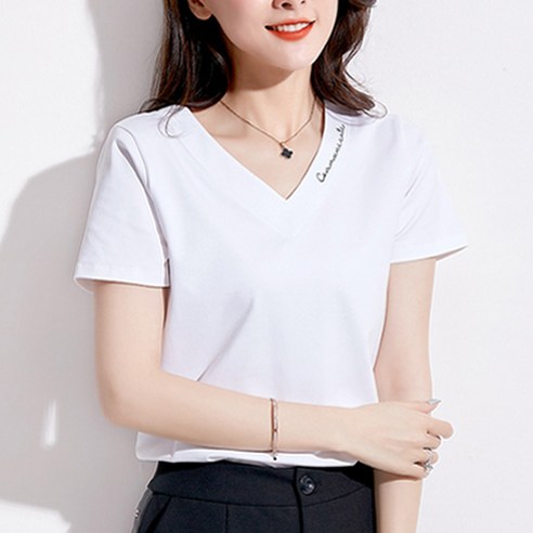 데일로엔 여성용 레터링 브이넥 반팔 티셔츠