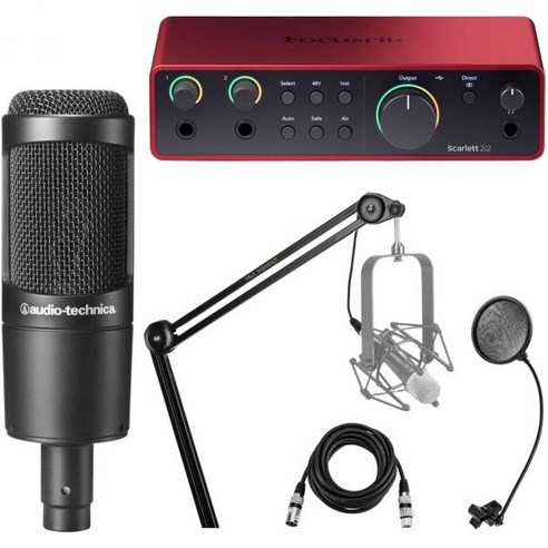 오디오 테크니카 AT2035 카디오이드 콘덴서 사이드 어드레스 마이크 20Hz 20kHz 주파수 응답 번들포커스라이트 스칼렛 2i2 2x2 USB 인터페이스 붐 암XLR 케이블