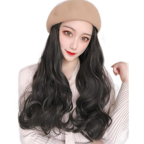 이쁘다샵 가발위드 베레모 긴머리 웨이브 여성 모자가발, 베이지 블랙, 1개