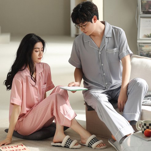 커플 시밀러룩 잠옷 반팔 파자마 핑크&그레이 파자마세트