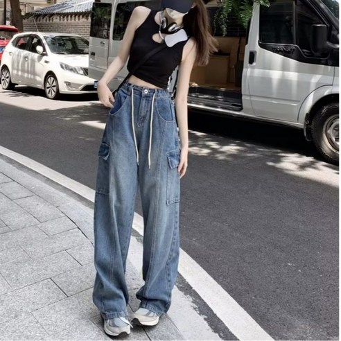 바이일이오 여성 앞절개 스트링 사이드 포켓 카고 밴딩 청바지