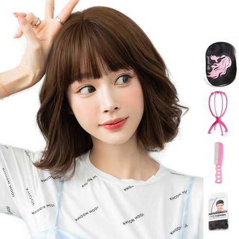 가발위드 웨이브 단발 통가발 라이크오버+가발걸이1개+가발전용빗1개+가발망1개 세트상품, 라이트브라운