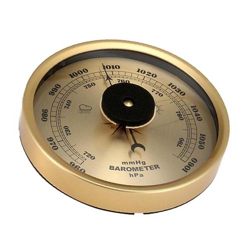 금속 다이얼이 있는 아날로그 온도 습도계 기압계, 황금, 설명