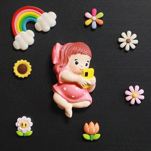 만화 냉장고 자석 행복 생활 자석 냉장고 문 장식 자석 3D 입체 자석 화이트 보드 메시지 포스트, 빨간 거짓말을하고 휴대 전화 소녀 6 Hua Hong, 중간