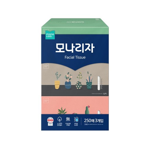 모나리자 미용티슈 2겹 천연펄프 랜덤발송, 250매, 12개