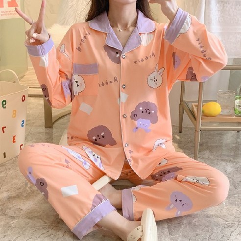 긴팔 카라 잠옷 상하의 세트 여자 얇은 핏