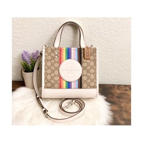 코치 뎀시 토트 22 인 시그니처 레인 스트라이프 및 코치 패치 사첼