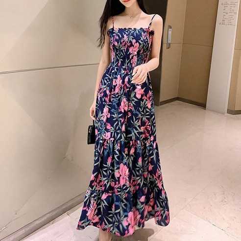 노이디제이 플라워 프린팅 쉬폰 스모크 플레어 롱 원피스 INO025A