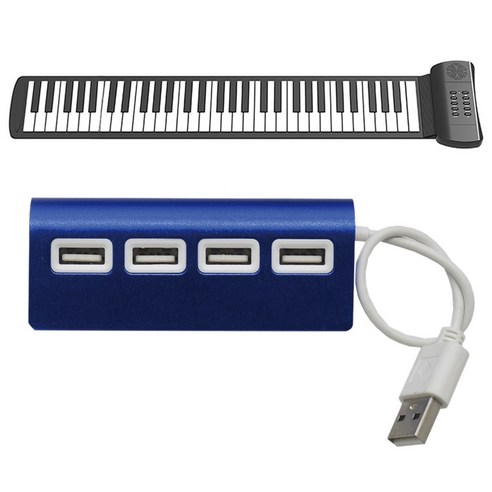 1 PCS 다기능 실리콘 61 키 롤업 피아노 & 1 개 미니 USB 2.0 허브 하이 - 스피드 허브 4 포트 분배기 어댑터, 하나, 흑백 블루