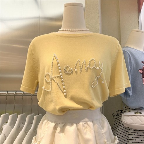 smy공식 그림 1063 # 한국어 여름 새로운 라운드 넥 진주 편지 느슨한 반팔 티셔츠 캐주얼 탑 여성''s Ins